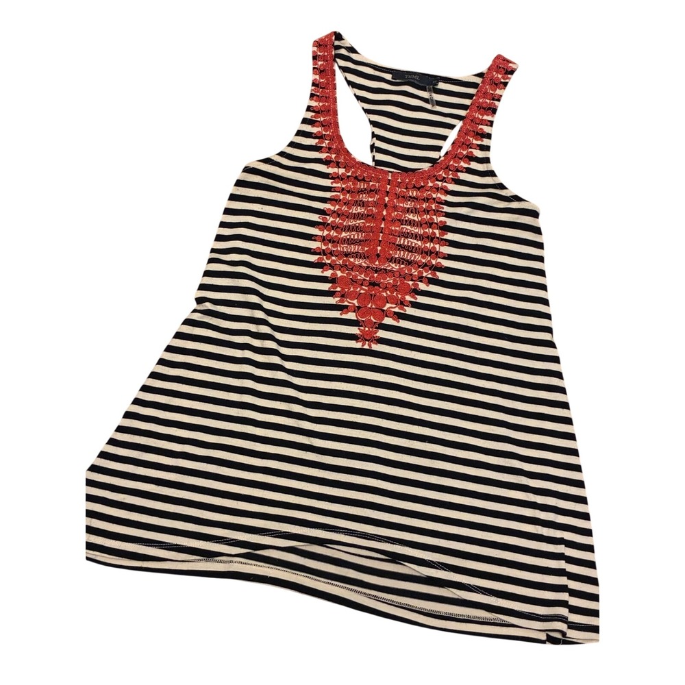 THML Womens XS Black White Striped Racerback Tank Top Red Embroidered Bib Boho